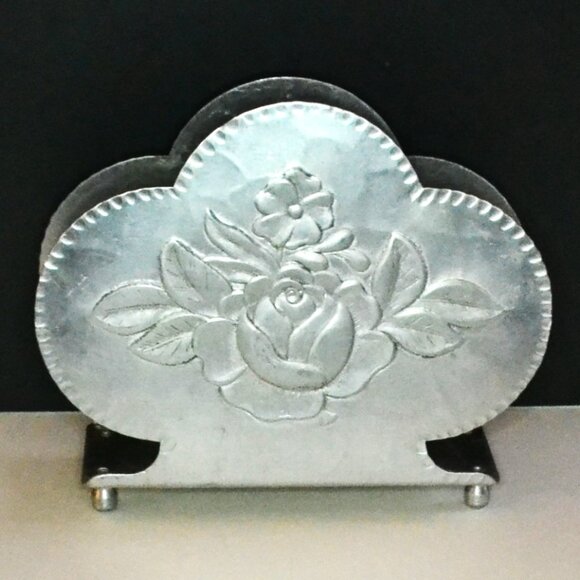 Vintage Everlast Forged Aluminium Napkin Holder Rose And Flower Design Dining - Picture 4 of 6